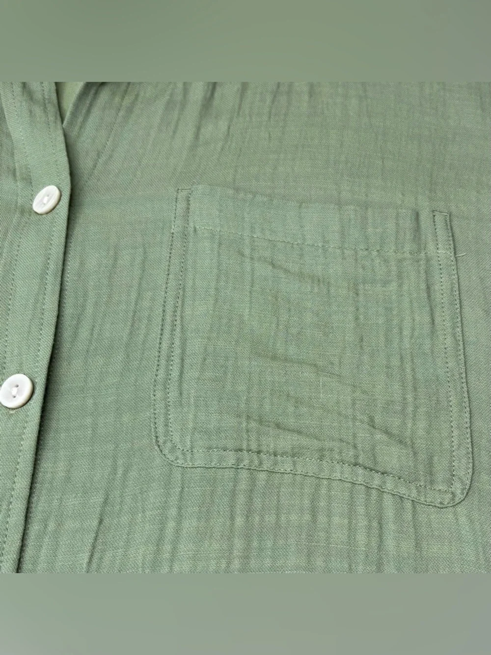 mySTYLE Green Oversized Button Up Shirt Textured Gauze Tab Sleeve Top L XL - Picture 4 of 10